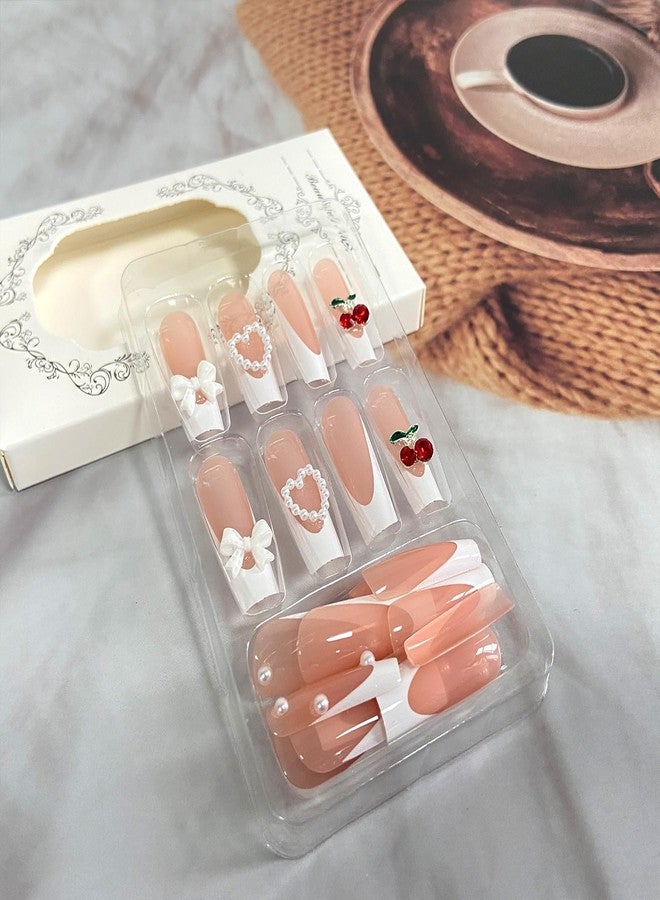 Vopintpy 3D Cherry Bow Pearl Fake Nails White French Tip Press on Nails Extra Long Square False Nail with Design Glossy Full Cover Artificial Reusable Stick on Nail for Women Nail Art - Image 2